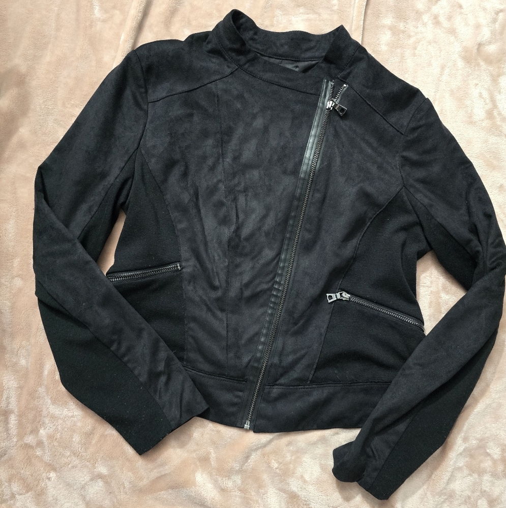 Elie Tahari Design Nation Black Faux Suede Zip Up Moto Jacket Size L